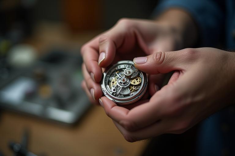 Macro shot of watchmaker adjusting balance wheel